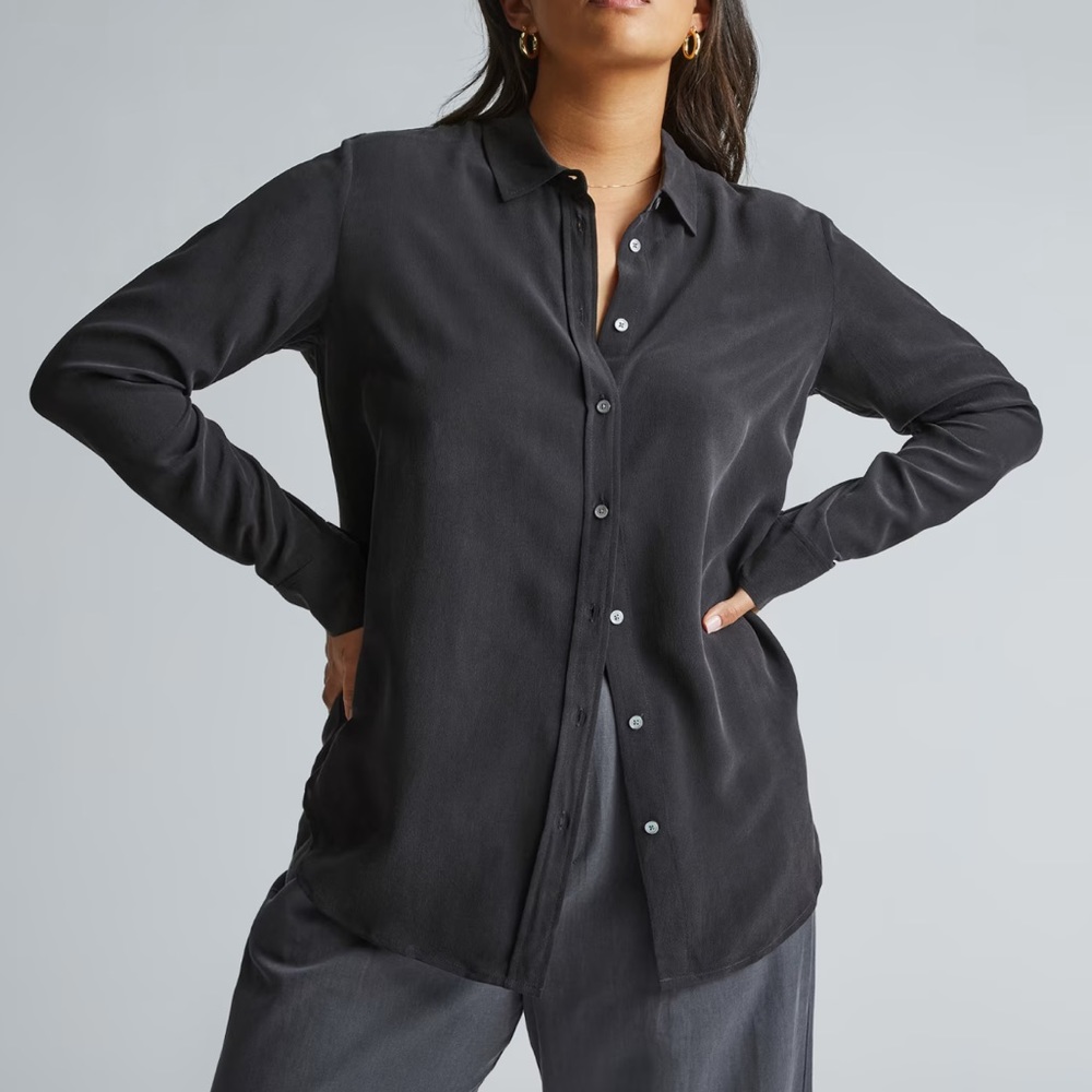 Everlane black silk button down shirt